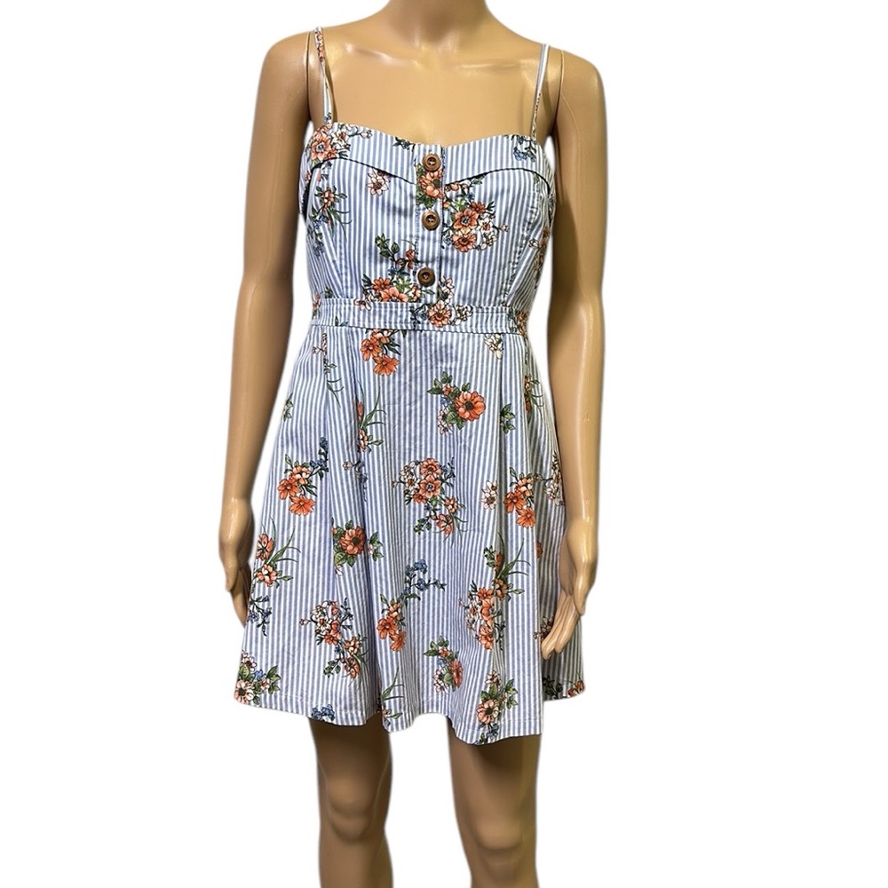 Forever 21 Blue White Striped Floral Print Spaghetti Strap Mini Dress Medium